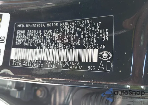 2017 Toyota Corolla Le z USA, uszkodzony, nr VIN 2T1BURHE6HC838732